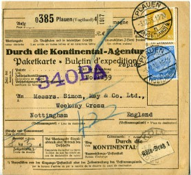 1935, 3.Dez., Paketkte. m. MiF. PLAUEN (VOGTLAND) 4 h(Handstpl.) über KÖLN-DEUTZ 1 c n...