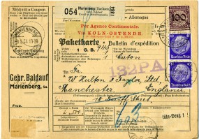 1934, 9.Mai , Paketkte. m. MiF. MARIENBERG (SACHSEN) *c(Handstpl.) nach Großbritannien. ...