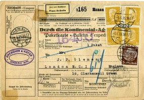 1935, 1.Jun., Paketkte. m. MiF. HANAU 1 *p(Handstpl.) über KÖLN-DEUTZ 1 c nach Großbri...