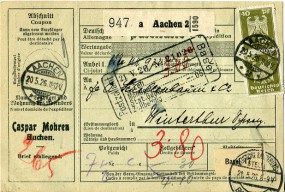 1926, 20.Mai , Paketkte. m. MiF. AACHEN 2 **(Handstpl.) über DEUTSCHE KARTIERUNGSSTELLE...