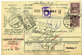 1926, 6.Jan., Paketkte. m. MiF. ELBERFELD 7 *b(Handstpl.) nach Norwegen. Porto: RM 2.60....