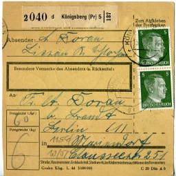 1944, 15.Sep., Paketkte. m. MeF. KÖNIGSBERG (PR) 5 g(Handstpl.) nach Berlin. Porto: RM 0...