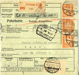 1927, 5.Mrz., W-Paketkte. m. MiF. PFORZHEIM 2 *i(Handstpl.) über KÖLN-DEUTZ 1 c nach B...