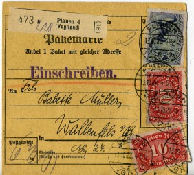1922, 13.Okt., Paketkte. m. MiF. PLAUEN (VGTL) 4 f(Handstpl.) nach WALLENFELS *a. Post...