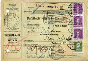 1928, 28.Nov., Paketkte. m. MiF. LEIPZIG C1 d*f(Handstpl.) über LINDAU (BODENSEE) 1 *....