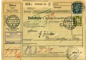 1925, 26.Nov., Paketkte. m. MiF. DRESDEN-ALTST. 35 d(Handstpl.) über ROMANSHORN 2 TRANS...
