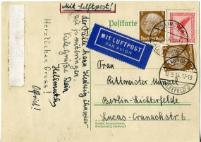 1934, 12.Mrz., Lp.-Kte. m. MiF. HANNOVER-KLEEFELD b(Handstpl.) nach Berlin. Porto: RM 0....