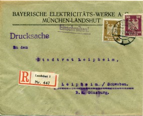 1925, 28.Okt., R-Drucks.-Bf.m. MiF. LANDSHUT 1 *i(Handstpl.) nach LEIPHEIM. Postlaufze...