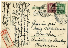 1926, 22.Aug., R-Kte. m. MiF. GÖTTINGEN 2 *d(Handstpl.) nach MÜNCHEN 2 B.Z. **. Sonnta...