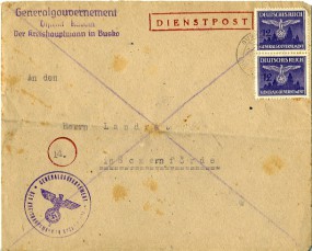 1944, 25.Dez., Bf.m. MeF. BUSKO.. (DISTR. KRAKAU)..(Handstpl.) nach Eckernförde. Porto: ...