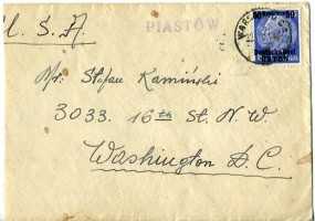 1940, 22.Feb., Bf.m. EF. PIASTÓW(Landpoststpl.) über WARSCHAU C.. in die U.S.A. Porto:...