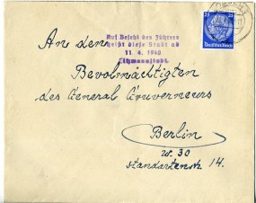 1940, 26.Apr., Bf.m. EF. LODSCH 7 a(Handstpl.) nach Berlin. Porto: RM 0.25. M. viol.Hand...