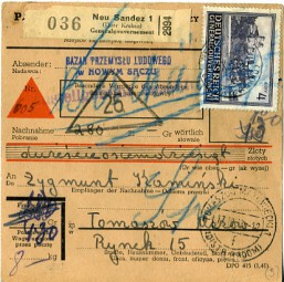 1943, 12.Okt., NN-Paketkte. m. MiF. NEU SANDEZ (DISTR KRAKAU) e(Handstpl.) nach TOMASZÓ...