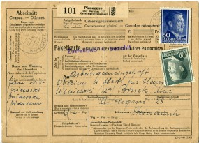 1944, 22.Jul., Paketkte. m. MiF. PIASECZNO ÜBER WARSCHAU C1 c(Handstpl.) über GRAZ 1 6c...