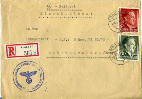 1943, 4.Mrz., R-Bf.m. MiF. KRAKAU 2 r(Handstpl.) nach SCHWARZENBERG (ERZGEB) c. Postla...