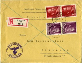 1943, 11.Jun., R-Bf.m. MiF. KRAKAU 20 o(Handstpl.) nach TÜBINGEN 1 g. Postlaufzeit: 2 ...