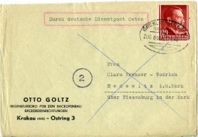 1944, 17.Sep., Bf.m. EF. BRESLAU-KRAKAU BAHNPOST ZUG 0044 a(Bahnpost-Stpl.) nach Medewit...