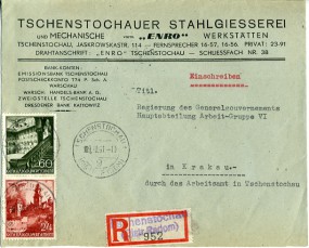 1941, 9.Okt., R-Bf.m. MiF. TSCHENSTOCHAU (DISTR RADOM) g(Handstpl.) nach KRAKAU 20 d. ...