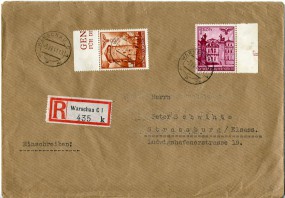 1941, 3.Jul., R-Bf.m. MiF. WARSCHAU C1 p(Handstpl.) nach STRASSBURG (ELS)... Postlaufz...