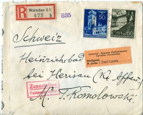 1941, ...Jul., R-Bf.m. MiF. WARSCHAU C1 h(Handstpl.) nach HERISAU 1 IX(Schweiz). Porto...