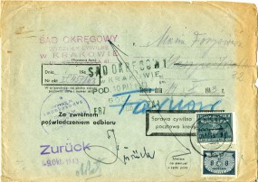 1943, 1.Okt., ZU-Bf.m. MiF. KRAKAU 1 c(Handstpl.) nach Tarnow. Porto: Zl.1.08. An Absend...