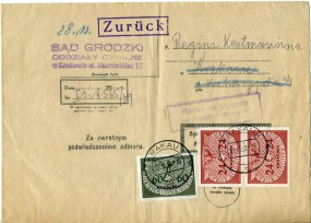 1940, 27.Nov., ZU-Bf.m. MiF. KRAKAU 1 c(Handstpl.) nach Krakau. Porto: Zl.1.08. An Absen...