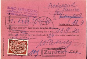 1940, 9.Sep., Rückschein m. EF. KRAKAU 1 c(Handstpl.) nach Krakau. Porto: Zl.0.24. An Ab...