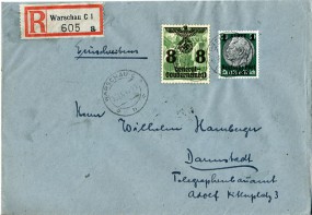 1940, 30.Sep., R-Bf.m. MiF. WARSCHAU C1 *h*(Handstpl.) nach DARMSTADT 1 l. Postlaufzei...