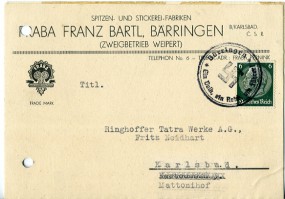 1938, 12.Okt., Kte. m. EF. BÄRRINGEN EIN VOLK EIN REICH EIN FÜHRER(viol.Handstpl.) nach ...
