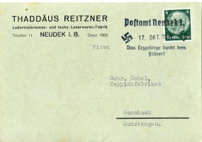1938, 17.Okt., Kte. m. EF. POSTAMT NEUDEK 1 - DAS ERZGEBIRGE DANKT DEM FÜHRER!(So.-Stpl....