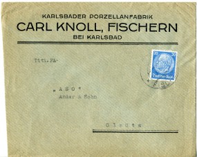 1938, 3.Nov., Bf.m. EF. FISCHERN c(tschechoslow. Handstpl.) in die Tschechoslowakei. Por...
