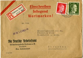 1943, 17.Sep., R-Bf.m. MiF. FALKENAU..(Handstpl.) nach NÜRSCHAU. Postlaufzeit: 2 Tage....