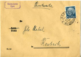 1938, 5.Nov., Drucks.-Bf.m. EF. EGER 2 l WIR SIND FREI!(Handstpl.) nach Rossbach. Porto:...