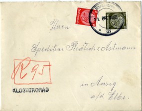 1938, 31.Okt., R-Bf.m. MiF. KLOSTERGRAB(viol.Handstpl.) nach Aussig. Porto: RM 0.42.