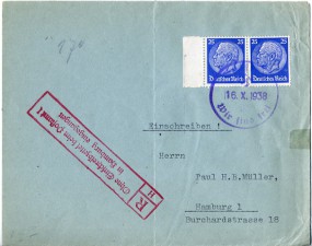 1938, 16.Okt., R-Bf.m. MeF. AUSSIG 1 WIR SIND FREI(viol.Handstpl.) nach Hamburg. Sonntag...