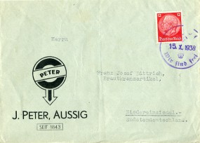 1938, 15.Okt., Bf.m. EF. AUSSIG 1 WIR SIND FREI(Handstpl.viol.) nach Niedereinsiedel. Po...