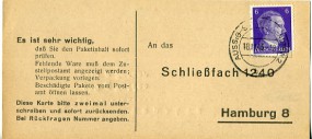 1943, 18.Nov., Kte. m. EF. AUSSIG-SCHRECKENSTEIN 2 b(Handstpl.) nach Hamburg. Porto: RM ...