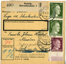1943, 28.Apr., Paketkte. m. MiF. AUSSIG-SCHRECKENSTEIN 1 c(Handstpl.) nach ESCH-ALZIG t...