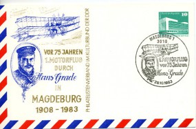 1983, 28.Okt., 10Pfg.-GA-Kte. 3010 MAGDEBURG 1 - 1. MOTORFLUG VOR 75 JAHREN HANS GRADE(S...