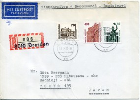 1991, 1.Dez., R-Lp.-Bf.m. MiF. 8010 DRESDEN 1 ax(Handstpl.) nach Japan. Sonntags gestemp...