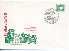 1990, 10.Nov., 50Pfg.-GA-Umschlag. 1020 BERLIN 2 - 1. NATIONALE BRIEFMARKEN-MESSE 8.-10.1...