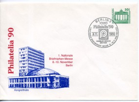 1990, 8.Nov., 50Pfg.-GA-Umschlag. 1020 BERLIN 2 - 1. NATIONALE BRIEFMARKEN-MESSE 8.-10.11...