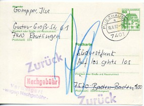 1982, 30.Aug., 50Pfg.-GA-Kte. 7401 PLIEZHAUSEN a(Handstpl.) nach Baden-Baden. Porto: DM ...