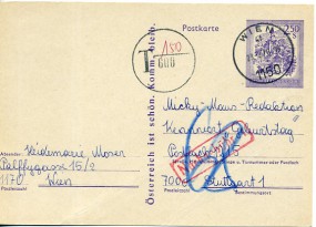 1978, 24.Feb., 2.50S-GA-Kte. 1150 WIEN 4f(Handstpl.) nach Westdeutschland. Porto: S 2.50...