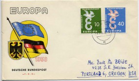 1958, 13.Sep., FDC m. MiF. ISERLOHN 1 m(Handstpl.) in die U.S.A. Porto: DM 0.50(+).